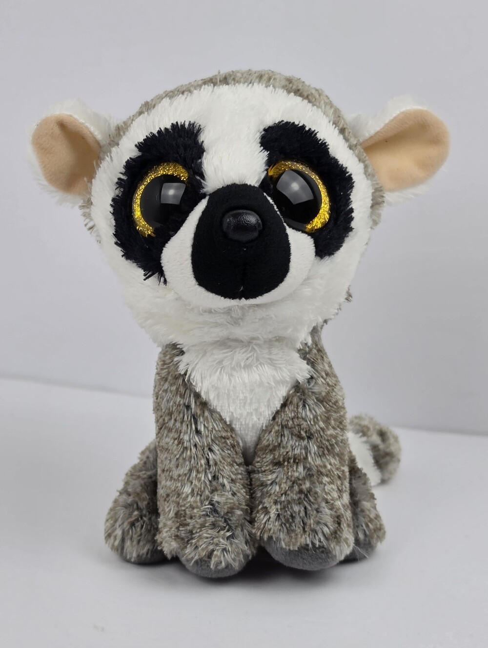 Ty Beanie Boo Linus Lemur Plush Stuffed Animal Big Glitter Eyes Gray White Toy